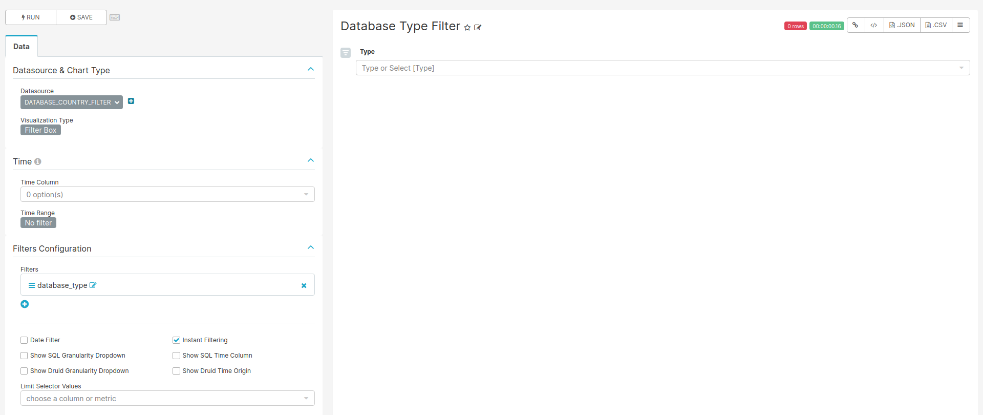 Settings for creating filters charts