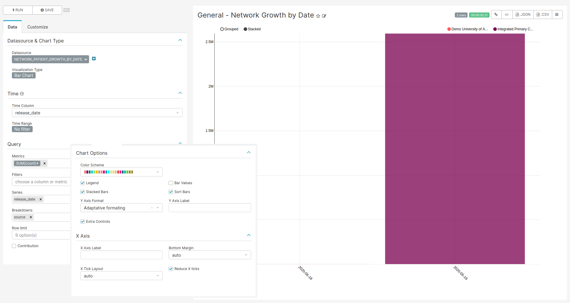 Settings for creating the Network Growth by Date chart