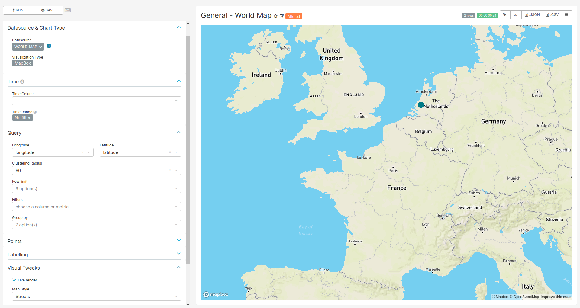 Settings for creating the World Map chart