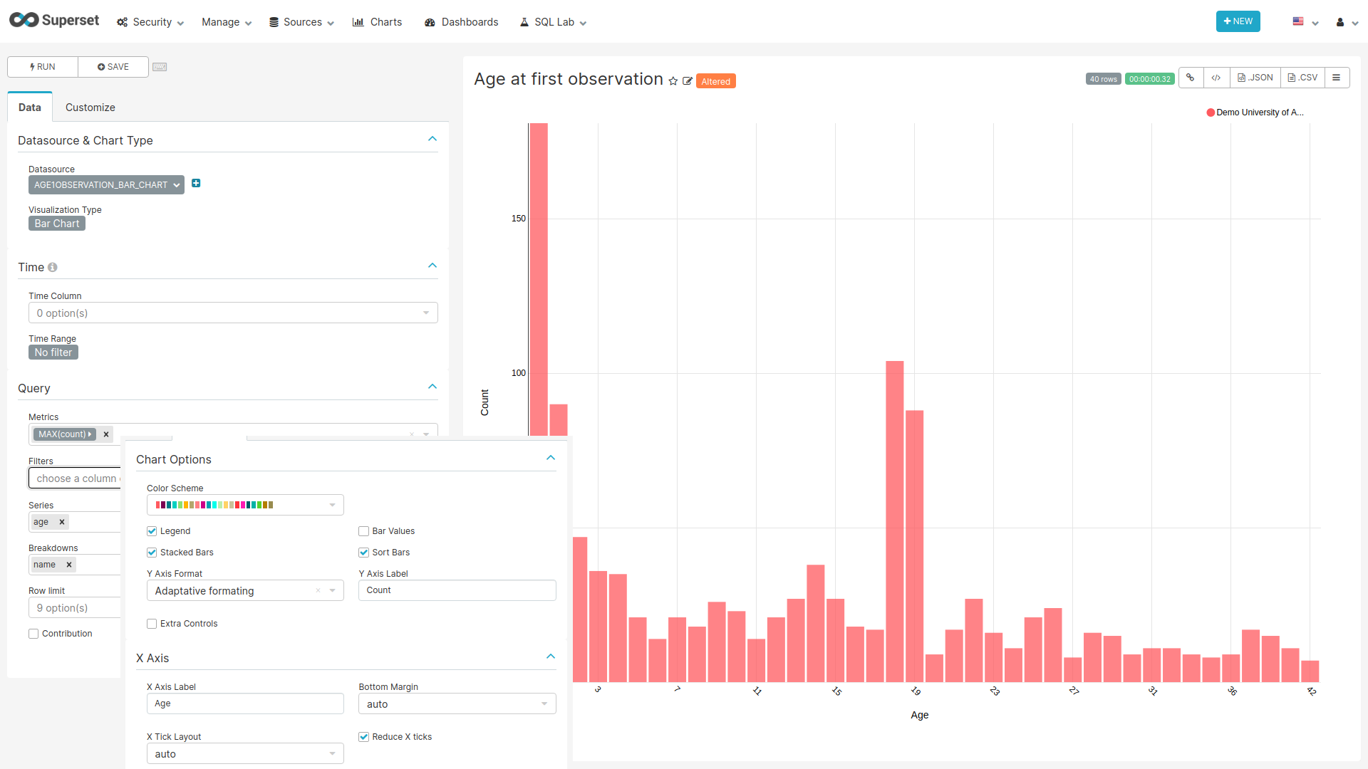 Settings for creating the Age at First Observation Bar chart