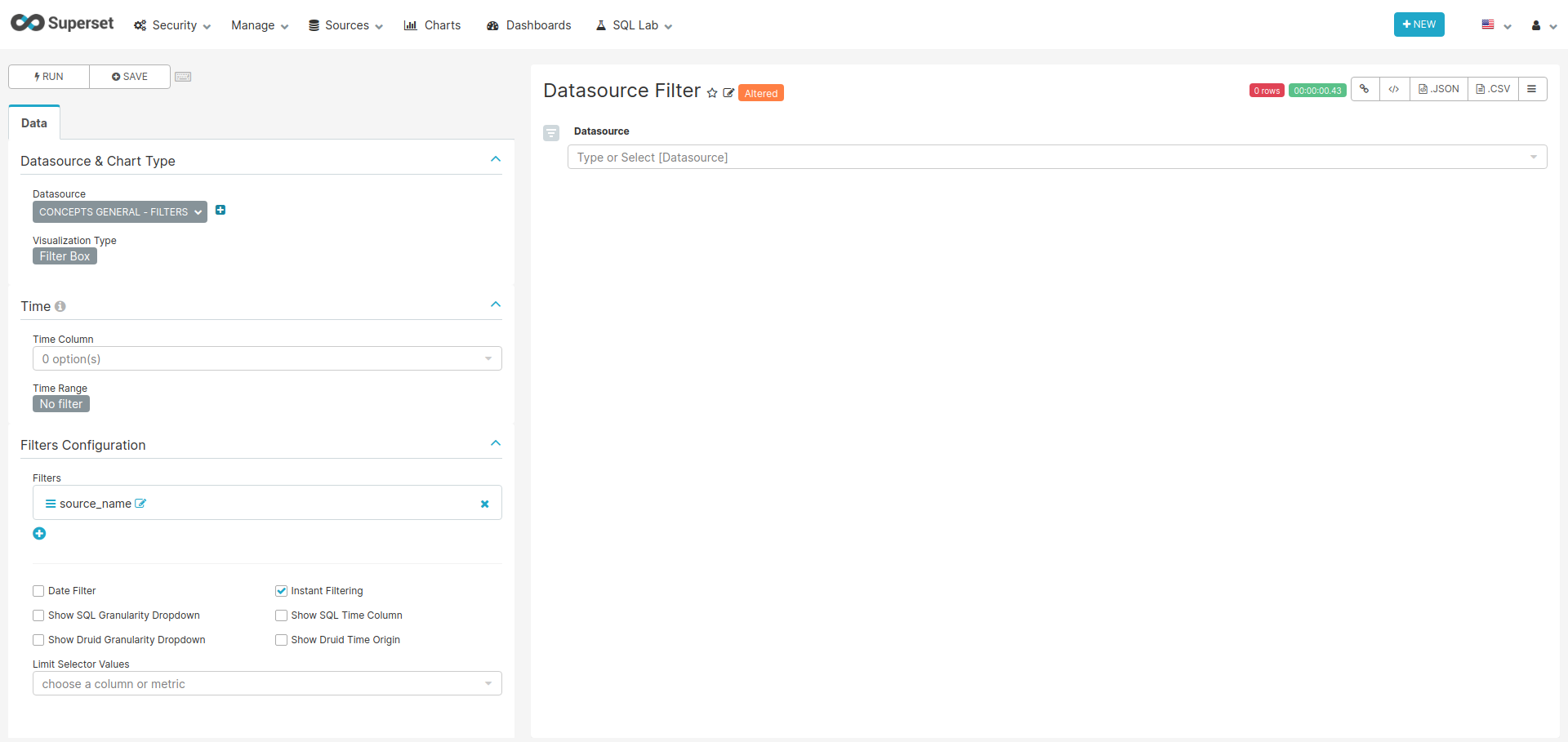 Settings for creating the Data Source and Domain filter charts