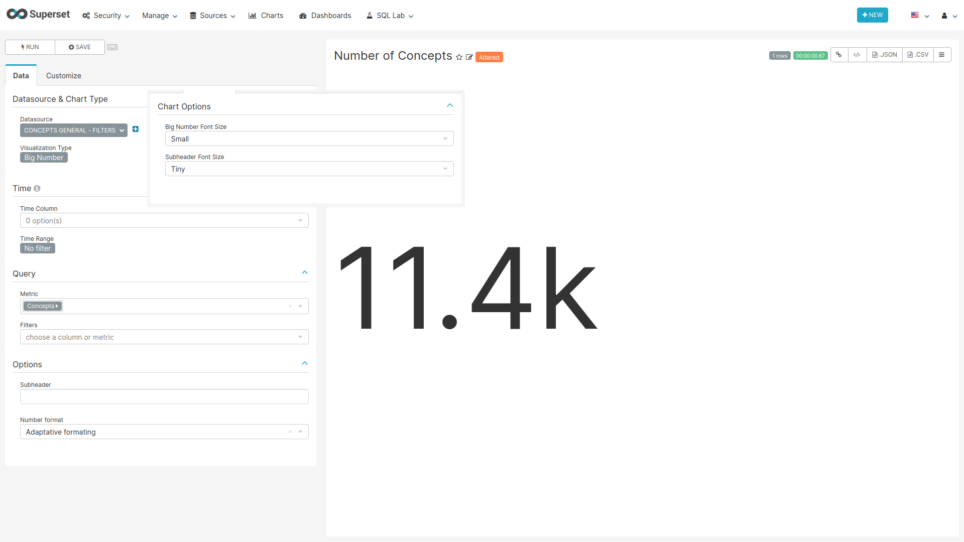 Settings for creating the Number of Concepts chart