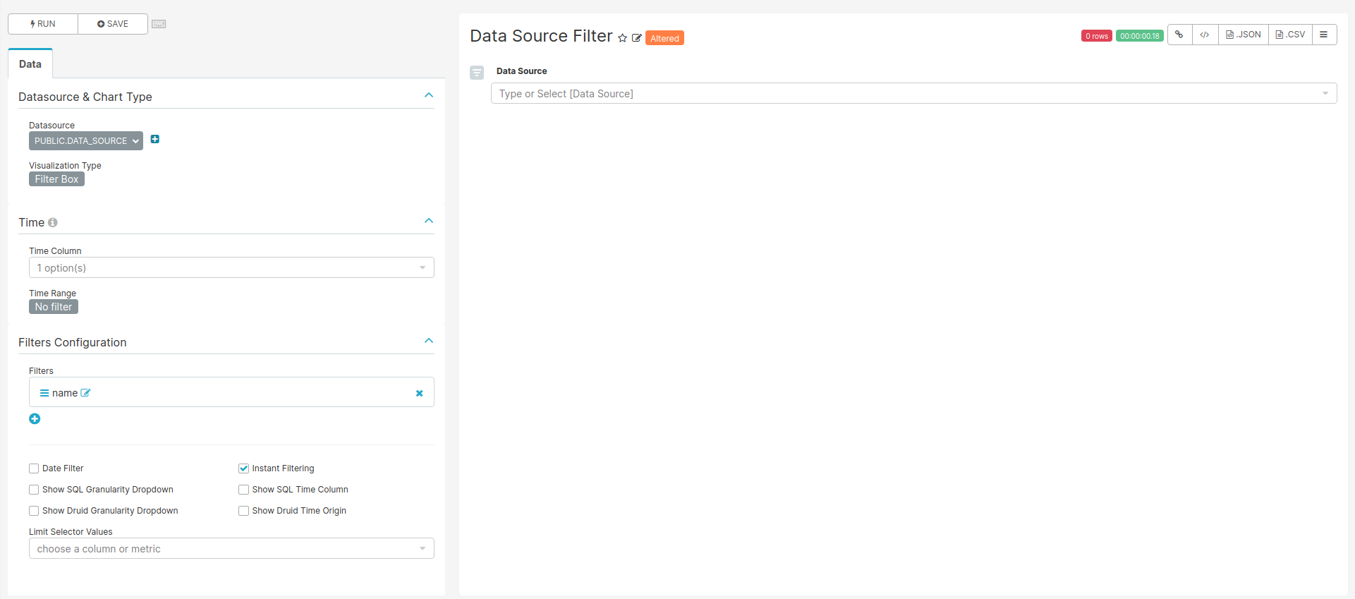 Settings for creating the Data Source filter chart